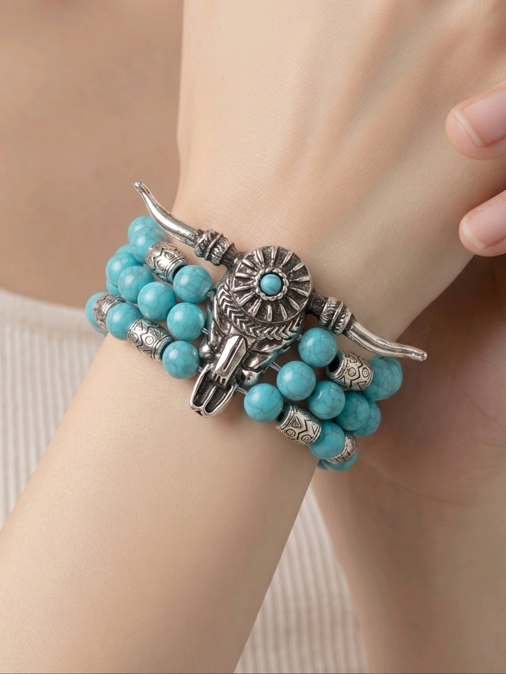Turquoise Longhorn Skull Bracelet Stack Western Cowgirl Stretch Beaded Jewelry